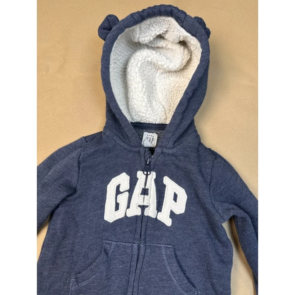 GAP Baby One Piece Zip Bear Hoodie Logo Blue 2019 Long Sleeve Fleece 6-12 Month